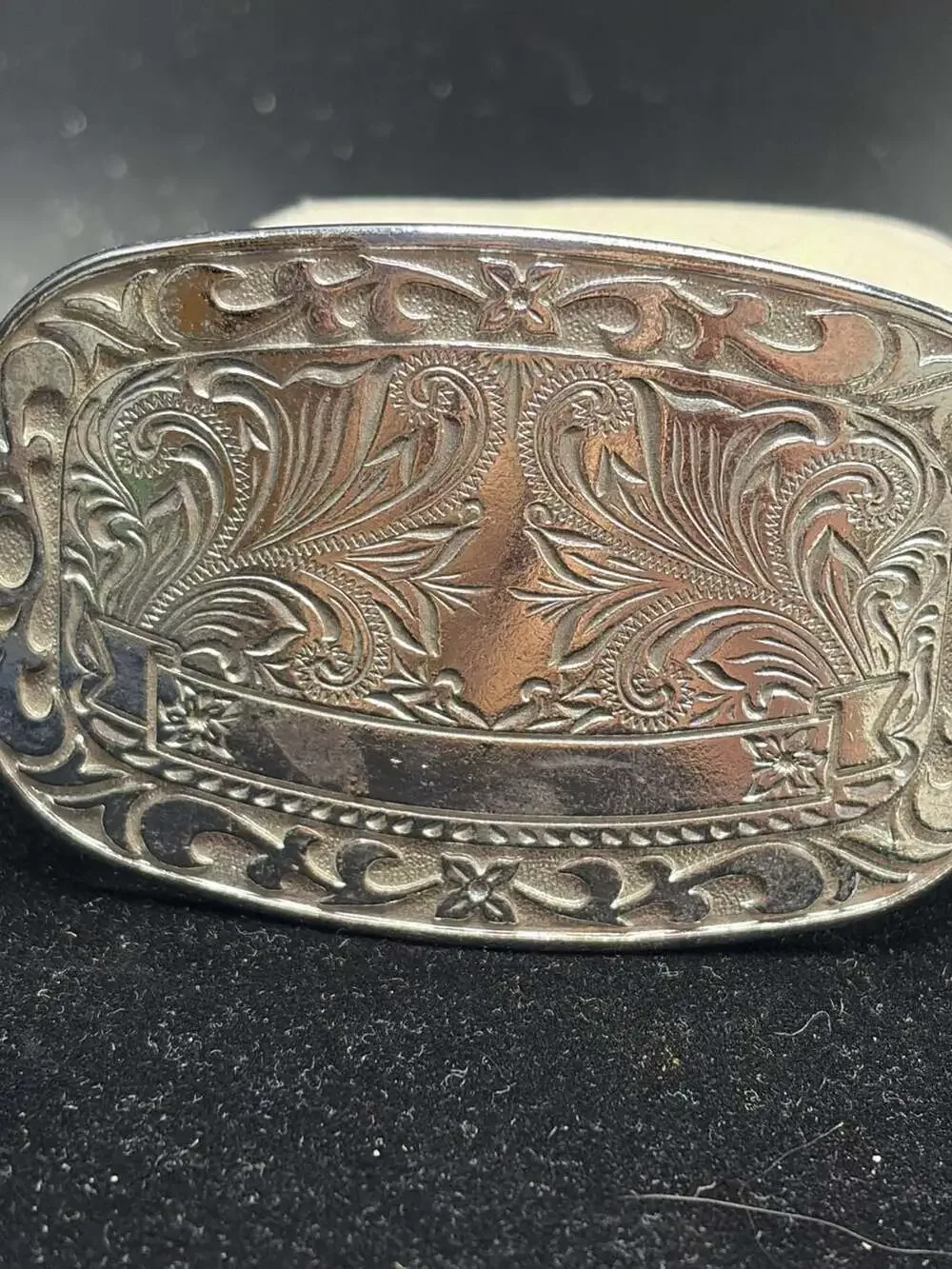 Vintage Western Silver-Tone Engraved Floral Scroll Award Banner Belt Buckle